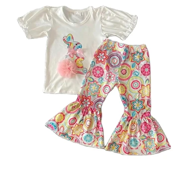 Гореща разпродажба Великден дрехи за деца Празничен костюм за малки момичета С цветни принтом и елементи на заек, разкроена панталони, дрехи от мляко коприна на Едро