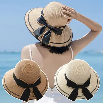 Дамска сламена шапка с лък, дамски Празна Горната част, Слънчеви шапки с лък, елегантен сгъваем Мек улични пътуване, Плаж турне