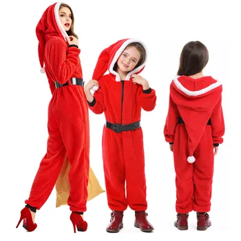 Детски Коледен костюм, дрехи за cosplay на Хелоуин, Червен гащеризон на дядо коледа, скъпа зимни дрехи за майки, дрехи за цялото семейство