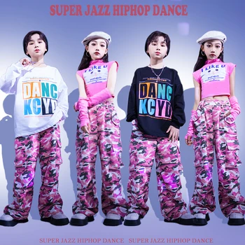 Детски облекла в стил хип-хоп, скъсяване на върховете, hoody, Розови камуфляжные всекидневни спортни панталони-карго за момичета, костюми за джаз танци, облекло