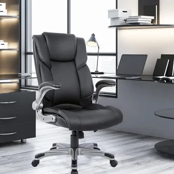 Ергономичен офис стол с висока облегалка за началник - Ергономичен домашно компютърно бюро, Кожен стол, с мека откидывающимися подлакътници