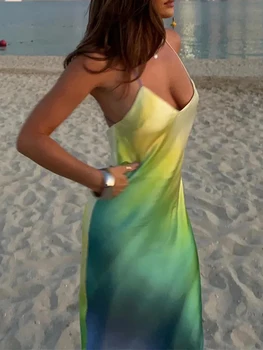 Жена макси рокля без ръкави с цветен принтом в стил бохо, плажно парти рокля с V-образно деколте и с отворен гръб