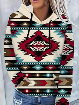 Жена пуловер с принтом и дълъг ръкав, hoody, Реколта блузи, дамски модни етнически качулки, всекидневни топ, есен-Зима, Новост 2024 г.