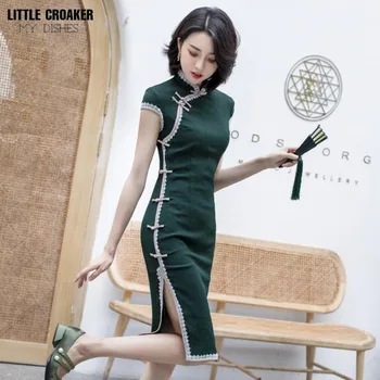 Жена старо Шанхайское Ципао 2023, нова и подобрена лятна рокля Рокля в младежки стил, френското винтажное китайското зелено малка рокля