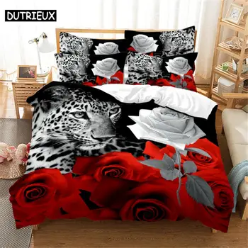 Комплект спално бельо с червена роза, Стеганое одеяло, чаршаф, калъфка за възглавница, 3D HD Double Full King Queen Twin Single, 3ШТ, 2 ЕЛЕМЕНТА, Цветя за спалнята