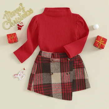 Комплекти дрехи за момичета 1-4 години, червен топ с дълги ръкави + клетчатая пола за момичета, костюми в корейски стил