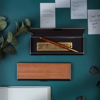 Кутия за канцеларски материали Проста кутия за писалки от масивна дървесина, креативна Преносима кутия за съхранение на химикалки, Метални Бизнес сувенири за студенти