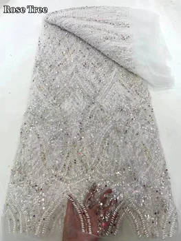 Лейси плат с африкански пайети 5 ярда 2024 Благородна лейси плат с френски мъниста за младоженеца за сватбена рокля