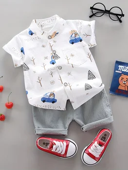Летен комплект шорти с изображение на мечка с модел на управление за бебета и малки деца с къси ръкави за градинска риза с висока яка мода two