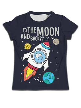 Летни дрехи за момчета, тениска, Нова детска рисунка 3, 14-годишно момче, Тениски с космически принтом за момичета на рожден ден, в началото на с изображение на ракета, Черна тениска