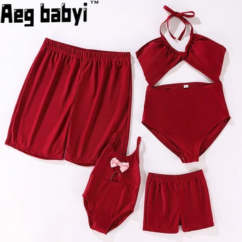Лятна един и същ дрехи за семейството, червени дамски секси бански-бикини, за баща, син, майка, дъщеря, момичета и момчета, комплект бански костюми, плажни къси панталони