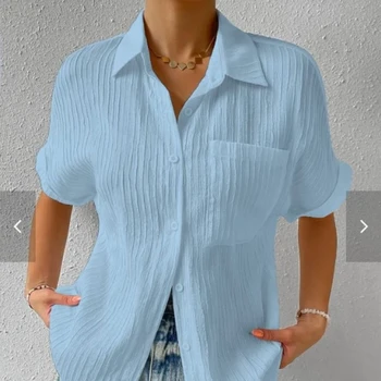 Лятна однотонная блуза с къс ръкав, дамски свободна ежедневни риза с джобове на копчета, женски модерен ризи