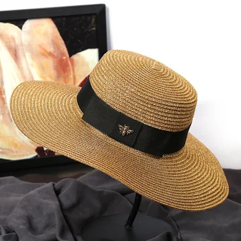 Лятна плажна сламена шапка Bee, модерен Ретро-цилиндър със златен оплеткой, Дамски широка периферия шапка-козирка с плосък покрив, ежедневни мъжки шапка
