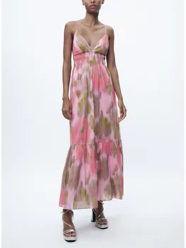 Лято 2023, нов дамски моден празничен костюм, сладък и елегантен корсет с принтом под формата на тай-боя, ламинирано рокля на еластични подтяжках с V-образно деколте