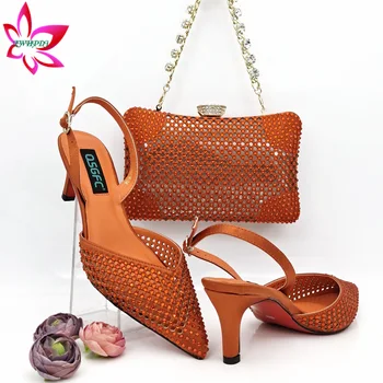 Модни нови постъпления, дамски обувки и чанта в нигерия дизайн 2024 година, оранжев цвят, украсени с кристали за парти