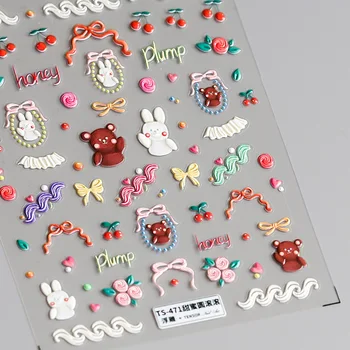 Мультяшные 5D етикети за дизайн на ноктите с отпечатан във формата на зайче с плодове 8 * 10 см, сладки самозалепващи етикети за маникюр 