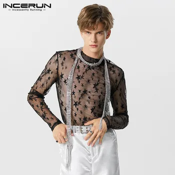 Мъжки тениски от прозрачна Мрежа в Американски стил със Звездна Модел, Секси Модни Разтеглив Стегнати Ризи С дълъг ръкав S-5XL, Върхове INCERUN 2023