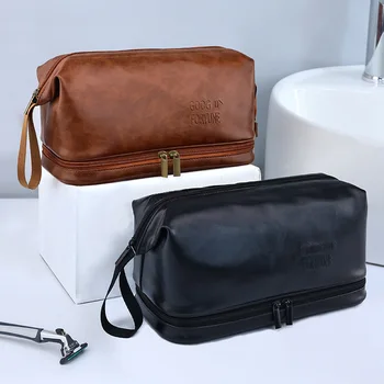 Новият мъжки и дамски косметичка от изкуствена кожа, двупластова чанта за тоалетни принадлежности с голям капацитет, преносими пътна водоустойчива чанта за съхранение на козметиката
