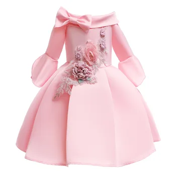 Ново детско рокля, атласное бебешка рокля с открити рамене и средния ръкав на сватбена рокля за момичета, детски принцеса рокля с бродерия