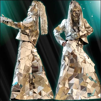 Огледален женствена рокля с Модерна ръчна денс певица Женски костюм робот със сребърно огледало бар cosplay огледален облекло танцово костюмированное шоу