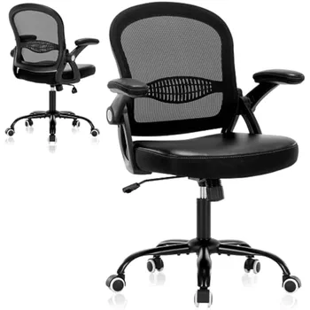 Офис стол с ергономичен работно стол с регулируема облегалка за мениджъри, сгъваеми подлакътници, изкуствена кожа, с мрежа, въртящи колела
