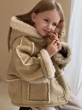 Палто 2023, Есенно-зимния ново детско двустранно палта от овча вълна за момичета, ново цельнокроеное палто с качулка
