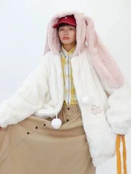 Памучен яке с качулка от кожа, агнешко и кроличьих ушите контрастен цвят за жени през 2023 г., нови зимни свободни дебели палта в стил колеж bf