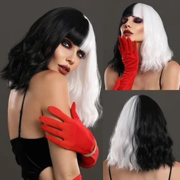 Перука за cosplay NAMM на Хелоуин, перука, изработени от синтетична коса, черен с бял, натурален Боб, вълнообразни перука с бретон, перуки Cruella Devil за употреба от жени