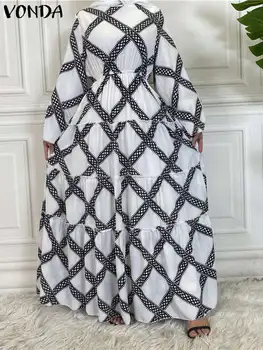 Плюс размер 5XL VONDA 2024 Богемное Макси рокля с принтом, женски празничен сарафан с дълъг ръкав и набори, всекидневни Ретро празнична дреха Femme