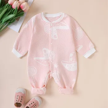 Пролет-есен пижама с дълги ръкави за момичета от мек чист памук с хубав бял принтом за новородени от 0 до 2 години, Цельнокроеная пижами
