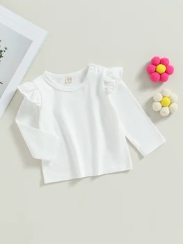 Риза с флорална принтом и накъдрен с дълъг ръкав за малки момичета, есента тениска с кръгло деколте, Ежедневни суитчър, Върхове