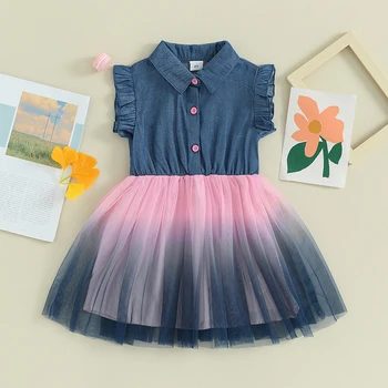 Рокля за малки момичета, джинсовое рокля в стил мозайка с градиентными сетчатыми накъдрен, лятното модно принцеса рокля