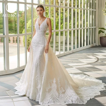 Сватбени рокли на Русалка Aedmgh 2024, V-образно деколте, дълъг ръкав, подвижна панделка, Vestido De Novias, Очарователен сватбени рокли с апликации