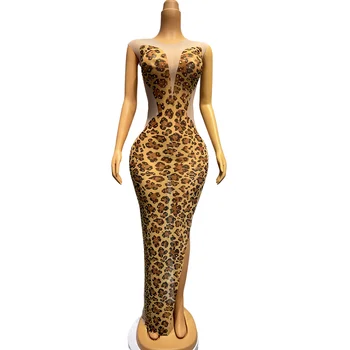 Сексуалното Леопардовое Прозрачна рокля без ръкави, със златни пайети, облекло за рожден Ден, Абитуриентски вечер, Женски Етап рокли за певици baowen