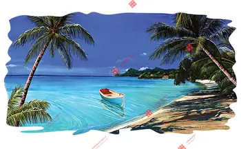 Стикер с кемпер с ремарке-ван, Плажна Тропическа сцена, на брега на Океана, графична стикер с изображение