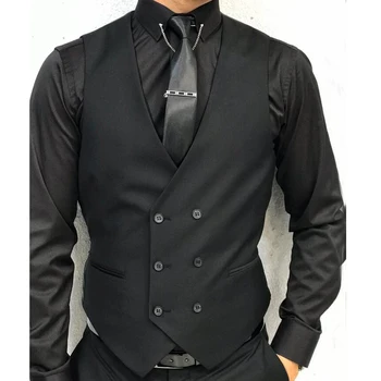 Черен официален мъжка жилетка без ръкави, от една част на мъжкия костюм, с двубортным елек, модерен сватбен смокинг на поръчка