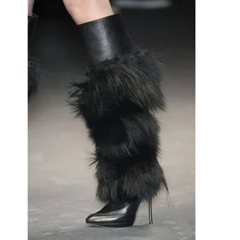 Черни ботуши от кожа интериор и остри пръсти с цип на тънък висок ток, Модерен Нов стил 2023, Лятна дамски обувки големи размери Zapatillas Mujer