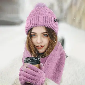 Шапка, шал, ръкавици, комплект от 3 теми, зимна шапчица-бини, дълъг шал, ръкавици със сензорен екран, комплект за жени, плюшено топка, декор, топли плетени калъф за ръкавици