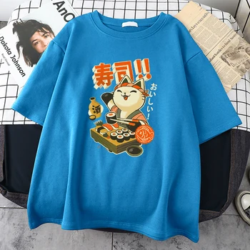 Япония Суши Готвач Тениска С Принтом Котка Мъжки Меки Тениски Големи Размери Памучни Тениски С Кръгло деколте Дишащи Дрехи С Кръгло деколте Мъжки