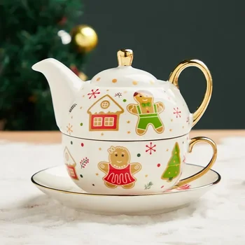 керамични чай обем 420 мл на един набор, Коледна кана Дядо Коледа, Чаена чаша с Блюдцем, Златна писалка за чаши, кутия за Подарък