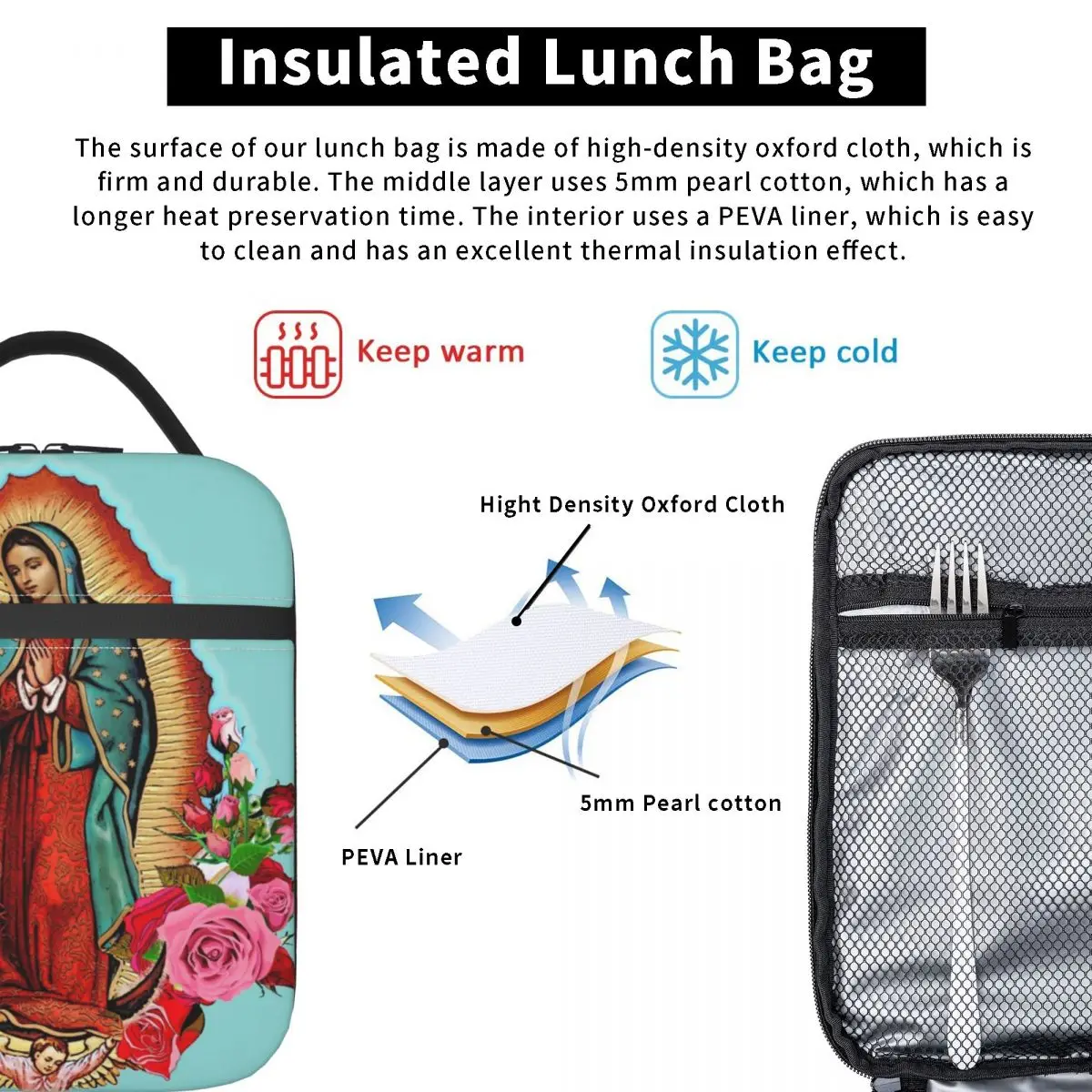 Богородица Гваделупская Мексико Дева Мария Изолирани пакети за обяд Контейнер-хладилник за хранене Кристиан Католически Мъкна Обяд-бокс Чанта за хранене Изображение 5