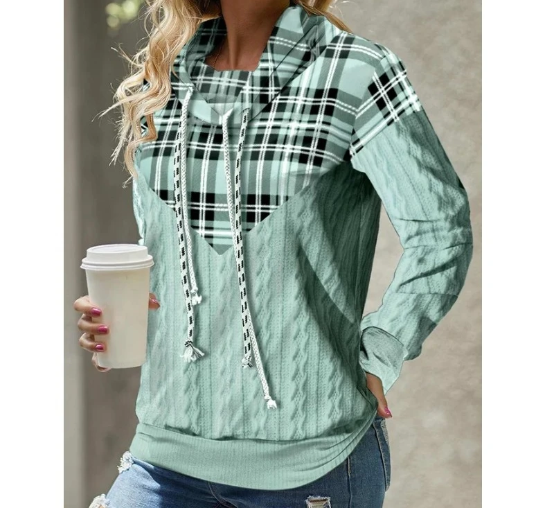 Мода 2023, дамски hoody, есента Жаккардовый пуловер с шарка на кабела в клетката, пуловер с качулка и дълъг ръкав, всекидневни топ, блузи, дрехи Изображение 1
