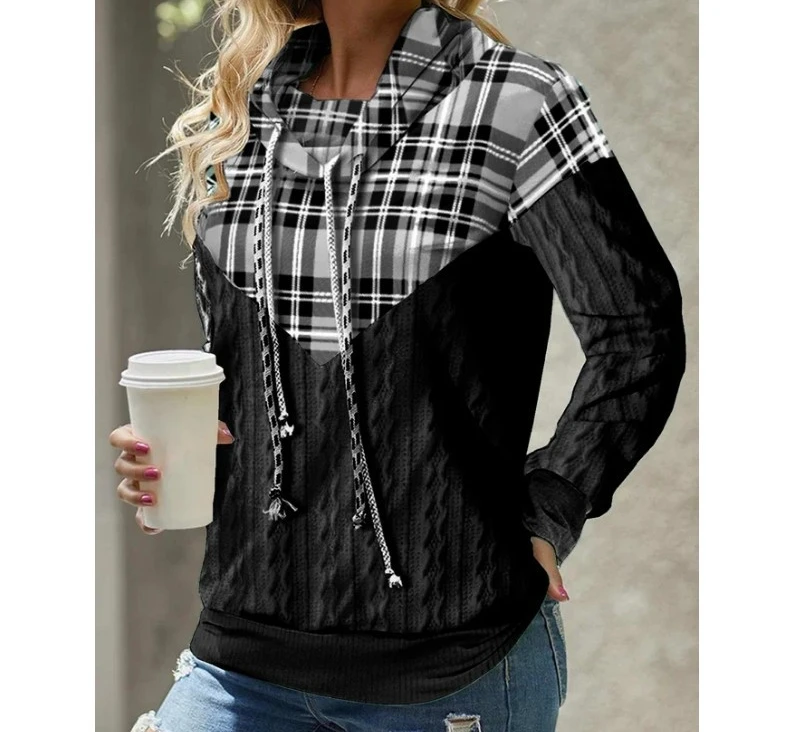 Мода 2023, дамски hoody, есента Жаккардовый пуловер с шарка на кабела в клетката, пуловер с качулка и дълъг ръкав, всекидневни топ, блузи, дрехи Изображение 2