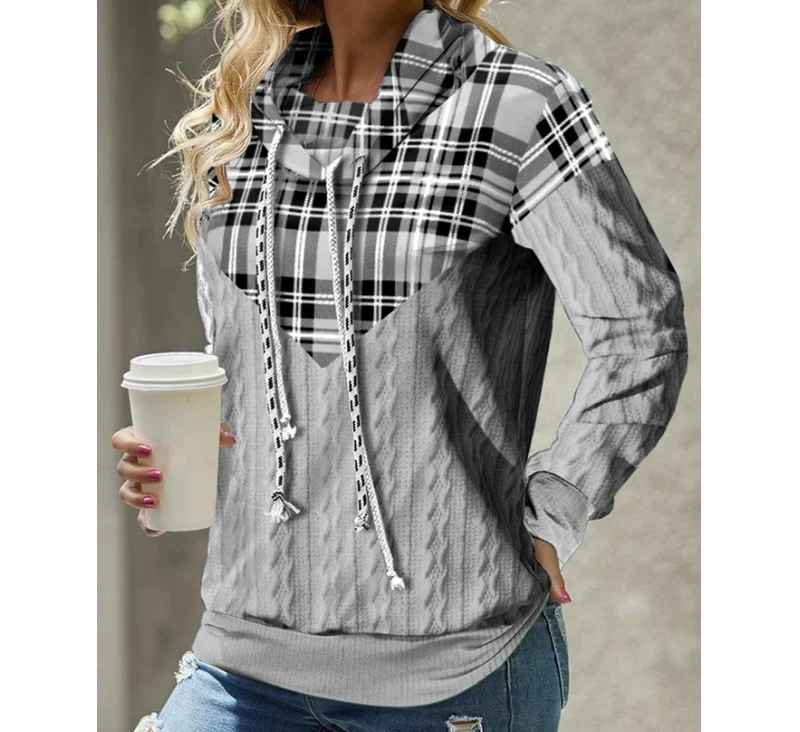 Мода 2023, дамски hoody, есента Жаккардовый пуловер с шарка на кабела в клетката, пуловер с качулка и дълъг ръкав, всекидневни топ, блузи, дрехи Изображение 3