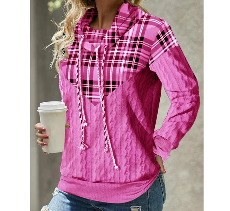 Мода 2023, дамски hoody, есента Жаккардовый пуловер с шарка на кабела в клетката, пуловер с качулка и дълъг ръкав, всекидневни топ, блузи, дрехи Изображение 5
