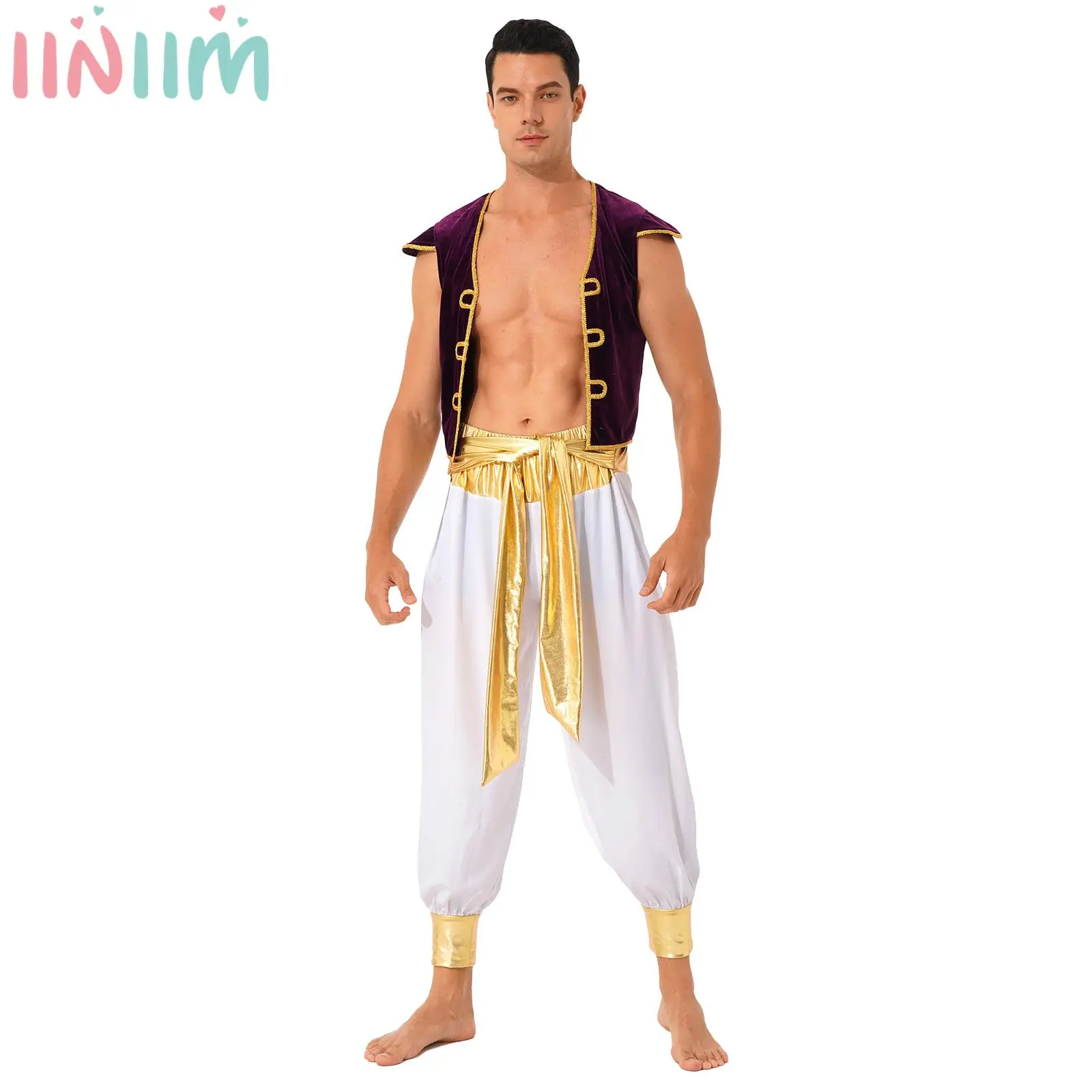 Мъжки костюм Арабски принц за ролеви игри, Маскарадните костюми за Хелоуин, бални тоалети, Арабски жилетка, зреещи с колан Изображение 0