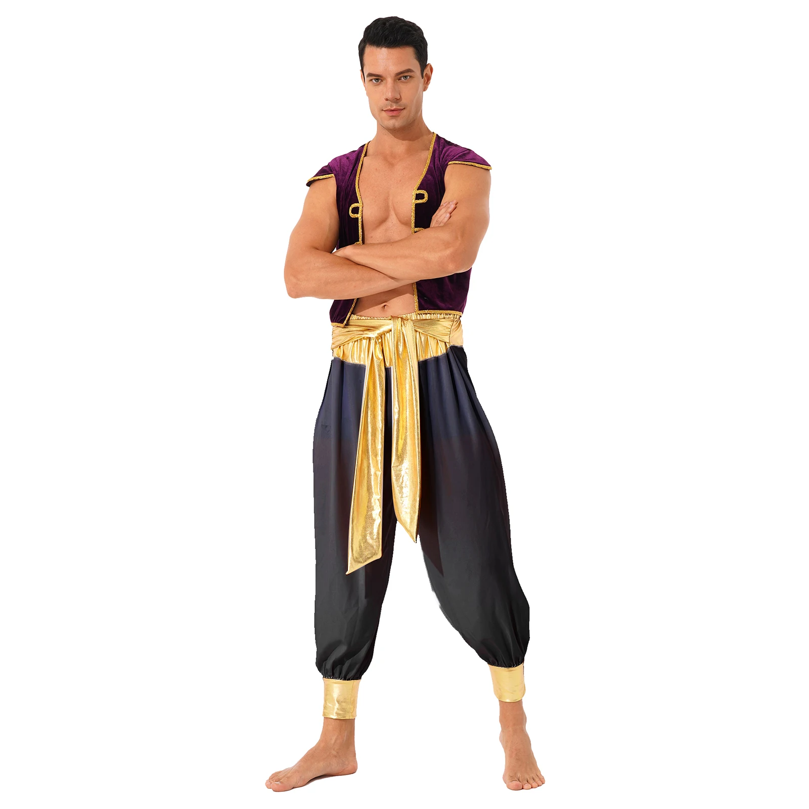 Мъжки костюм Арабски принц за ролеви игри, Маскарадните костюми за Хелоуин, бални тоалети, Арабски жилетка, зреещи с колан Изображение 2