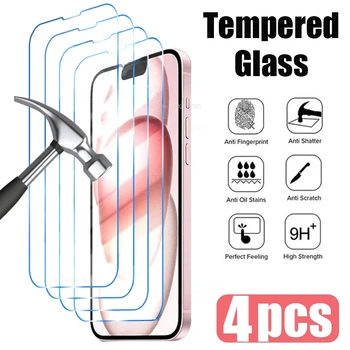 4шт Защитно Стъкло за iPhone 15 Pro Max 14 Pro 13 12 Mini 11 Закалено Стъкло за iPhone 14 15 Plus XR XS Max Glass