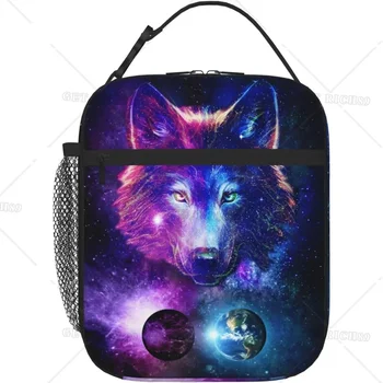 Galaxy Wolf Многократно изолирани чанти-охладители за обяд за мъже и жени Запечатани голяма чанта-тоут за обяд и закуски с джоб за съхранение