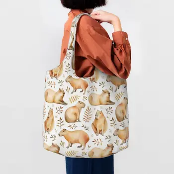Капибары и листа с акварельным модел Чанта за покупки на Дамски пазарска чанта от платно Kawaii Чанта през рамо с голям капацитет